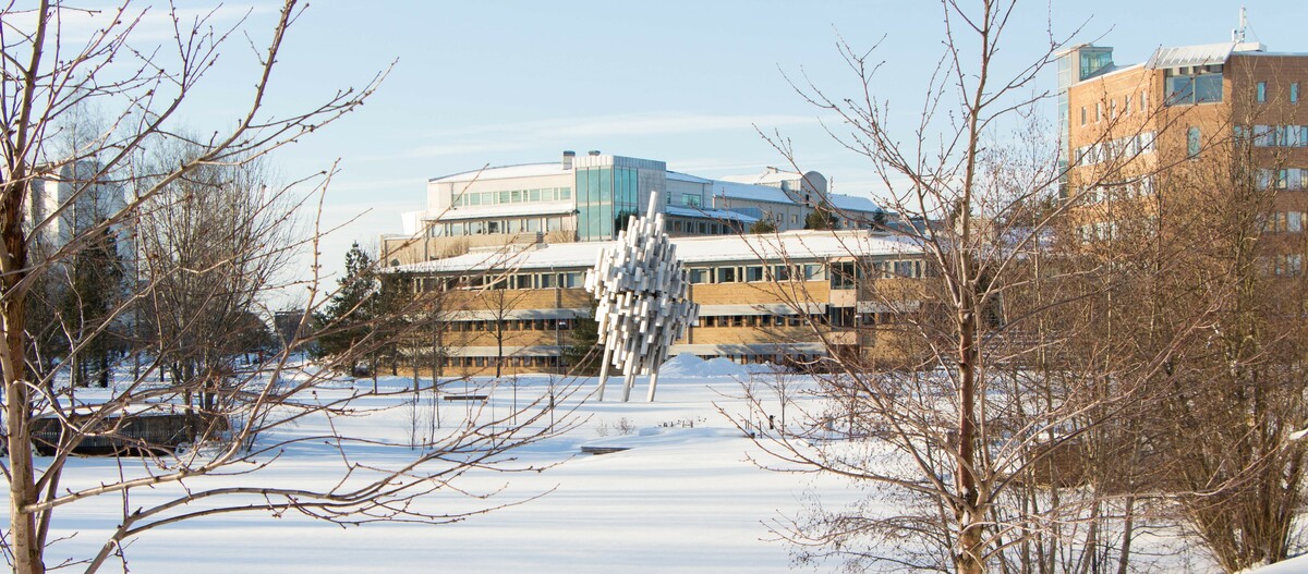 Bilden visar träd utan löv, en dam i mitten av bilden som är täckt med snö samt Förvaltningshuset på campus.